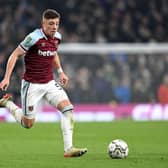 Harrison Ashby of West Ham United runs with the ball during the Carabao Cup Quarter Final match between Tottenham Hotspur and West Ham United at Tottenham Hotspur Stadium on December 22, 2021 in London, England. (Photo by Shaun Botterill/Getty Images)