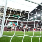 Loris Karius of Newcastle United fails to save the Manchester United first goal scored by Casemiro of Manchester United during the Carabao Cup Final match between Manchester United and Newcastle United at Wembley Stadium on February 26, 2023 in London, England. (Photo by Eddie Keogh/Getty Images)