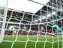 Loris Karius of Newcastle United fails to save the Manchester United first goal scored by Casemiro of Manchester United during the Carabao Cup Final match between Manchester United and Newcastle United at Wembley Stadium on February 26, 2023 in London, England. (Photo by Eddie Keogh/Getty Images)