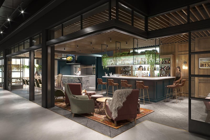 As for bars in the Bonnie & Wild's Scottish Marketplace, there will be three - each with their own Scottish name and identity - The Hauf & Howff, The Dookit, and the Tryst Bar. This picture is a CGI of the Tryst Bar. It also shows a private dining area and show kitchen named the Butt & Ben.