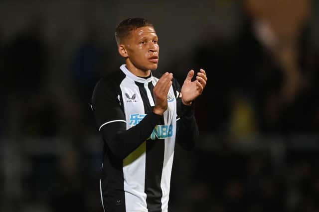 Dwight Gayle of Newcastle in action during the pre-season friendly between Burton Albion and Newcastle United at the Pirelli Stadium on July 30, 2021 in Burton-upon-Trent, England. (Photo by Michael Regan/Getty Images)