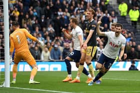 Ben Davies of Tottenham Hotspur celebrates after scoring their side's first goal during the Premier League match between Tottenham Hotspur and Newcastle United at Tottenham Hotspur Stadium on April 03, 2022 in London, England. (Photo by Mike Hewitt/Getty Images)