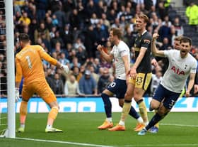 Ben Davies of Tottenham Hotspur celebrates after scoring their side's first goal during the Premier League match between Tottenham Hotspur and Newcastle United at Tottenham Hotspur Stadium on April 03, 2022 in London, England. (Photo by Mike Hewitt/Getty Images)