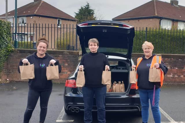 Hebburn Helps founders Angie Comerford (left) and Jo Durkin (right) hand out packed lunches with Jarrow MP Kate Osborne.