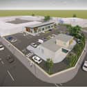 CGI image of proposed new development in South Shields including commercial units and Starbucks drive-thru