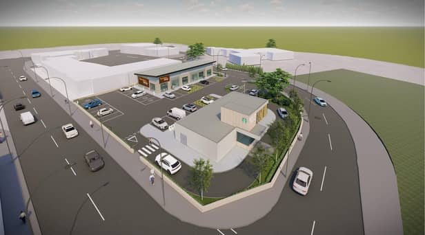 CGI image of proposed new development in South Shields including commercial units and Starbucks drive-thru