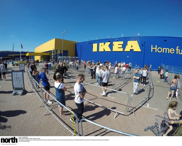 Thousands of people queue stretching around the entire outside perimeter of the car park of the Ikea store at the Gateshead Metro entire for the first day of opening since lockdown (photo: Raoul Dixon/NNP)