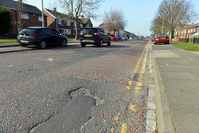 Potholes on Whiteleas Way in South Shields. Potholes often worsen over the winter months due to the freeze thaw process in which groundwater freezes and expands, putting stress on the road surface.