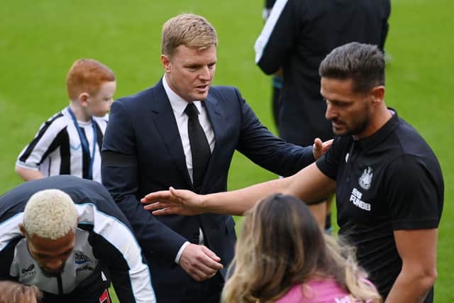 Eddie Howe, Manager of Newcastle United and Jason Tindall, Assistant Manager of Newcastle United react prior to the Premier League match between Newcastle United and AFC Bournemouth at St. James Park on September 17, 2022 in Newcastle upon Tyne, England. (Photo by Stu Forster/Getty Images)