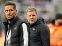 Newcastle United head coach Eddie Howe and assistant Jason Tindall, left.