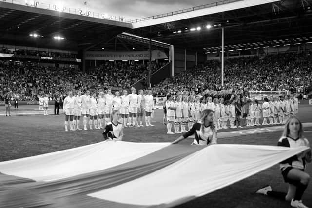 The England line-up for the national anthem during the UEFA Women's Euro 2022 semi-final match in Sheffield. Picture: Naomi Baker/Getty Images.