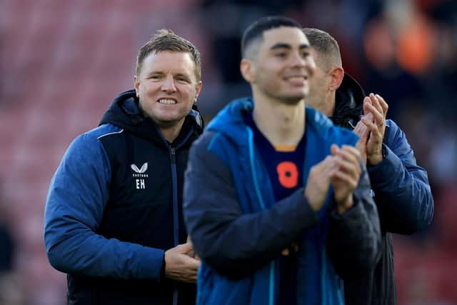 Newcastle United head coach Eddie Howe celebrates last month's win over Southampton.