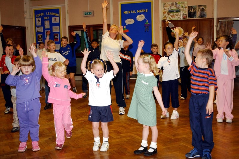 A 2003 keep fit session at Clavering Primary School but who can you spot in this 18 year old photo?