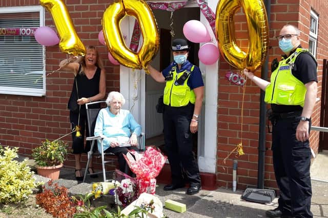 PCSO Gayle Muizelaar and PC Neil Morris visited Jenny to wish her a happy birthday
