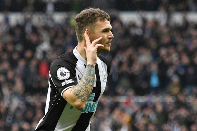 Newcastle United's English defender Kieran Trippier celebrates after scoring the opening goal during the English Premier League football match between Newcastle United and Aston Villa at St James' Park in Newcastle-upon-Tyne, north east England on February 13, 2022. (Photo by OLI SCARFF/AFP via Getty Images)