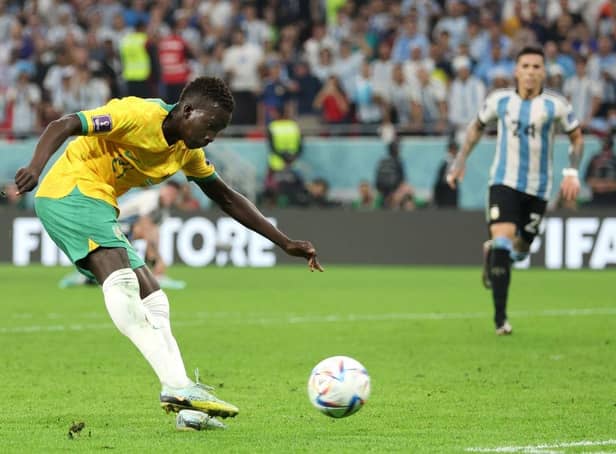 Garang Kuol in action for Australia against Argentina at the FIFA World Cup in Qatar (Photo by Francois Nel/Getty Images)