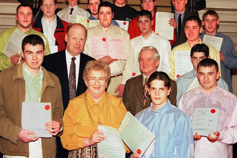 The Mayor of Doncaster, Councillor Sheila Mitchinson, pictured  in 1998, with the young trainees who have joined the Doncaster Council Apprentice Indenture Scheme.Alos pictured are Public Works Committee chairman, Councillor Len Dyson (front row, second left), vice-chairman, Councillor Tony Corden (front,fourth left) and UCATT regional officer Don Kelham (back row, right).