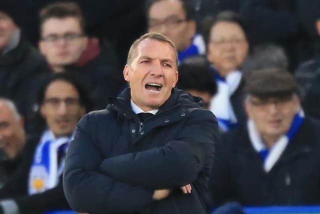 Leicester City's Northern Irish manager Brendan Rodgers gestures on the touchline during the English Premier League football match between Leicester City and Newcastle United at King Power Stadium in Leicester, central England on December 26, 2022. (Photo by LINDSEY PARNABY/AFP via Getty Images)