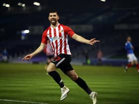 Jordan Jones of Sunderland celebrates scoring their second goal during the Sky Bet League One match between Portsmouth and Sunderland at Fratton Park