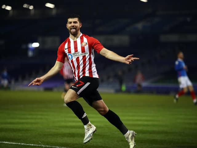 Jordan Jones of Sunderland celebrates scoring their second goal during the Sky Bet League One match between Portsmouth and Sunderland at Fratton Park