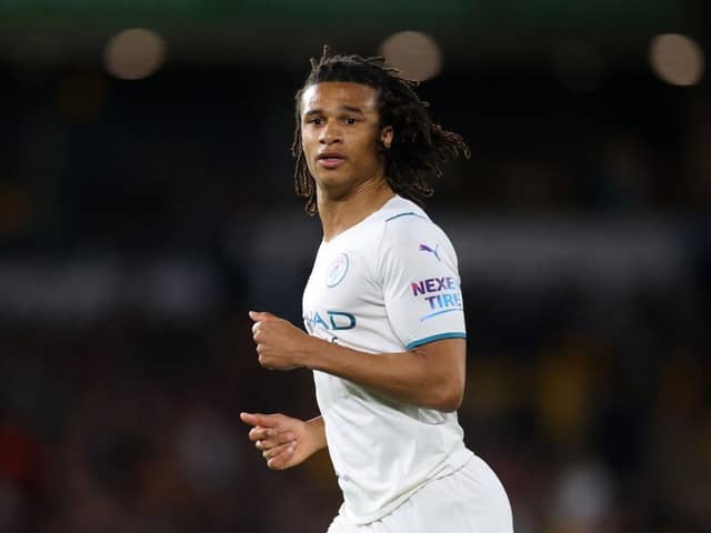 Nathan Ake of Manchester City during the Premier League match between Wolverhampton Wanderers and Manchester City at Molineux on May 11, 2022 in Wolverhampton, England. (Photo by Catherine Ivill/Getty Images)
