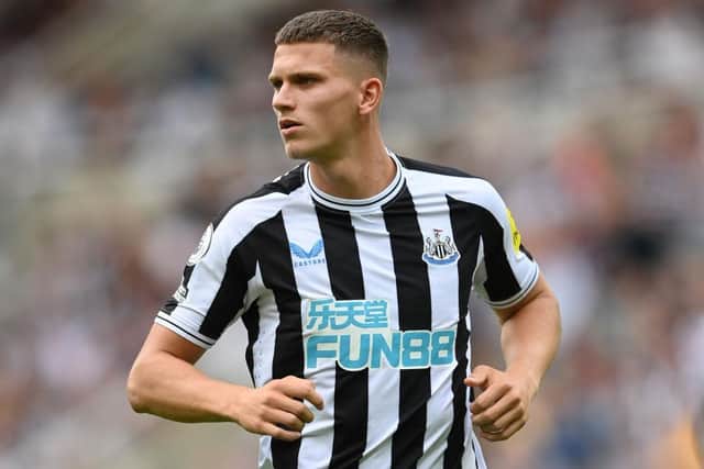 Newcastle United player Sven Botman in action on his league debut during the Premier League match between Newcastle United and Nottingham Forest at St. James Park on August 06, 2022 in Newcastle upon Tyne, England. (Photo by Stu Forster/Getty Images)