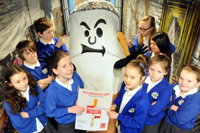 Westoe Crown Primary School pupils highlighting the dangers of smoking. School governor Linda Jones is pictured in costume with the school council. Remember this?