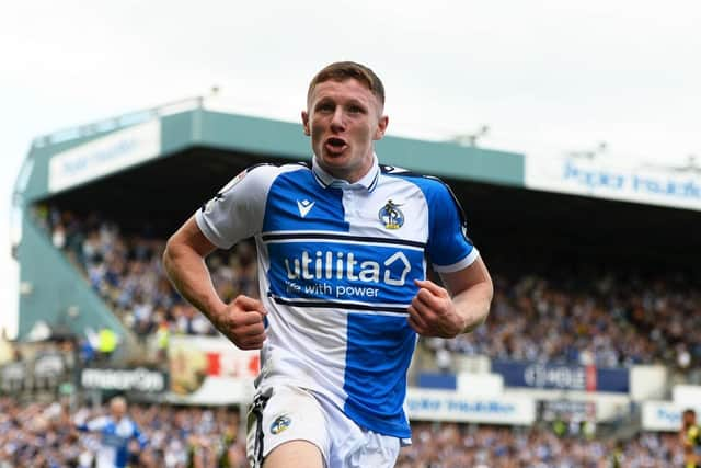 Elliot Anderson celebrates scoring a promotion-winning goal for Bristol Rovers last seaso.