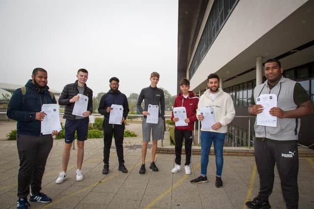 Students celebrating success at Harton Academy on A level results day.