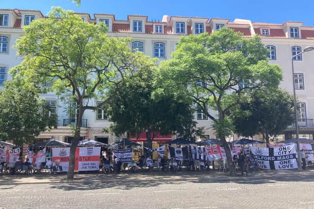 Newcastle United fans gathering in Lisbon's Rossio Square.