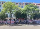 Newcastle United fans gathering in Lisbon's Rossio Square.