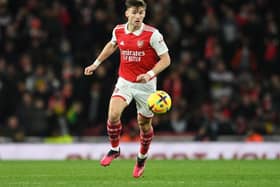 Kieran Tierney of Arsenal during the Premier League match between Arsenal FC and Everton FC at Emirates Stadium on March 01, 2023 in London, England. (Photo by David Price/Arsenal FC via Getty Images)