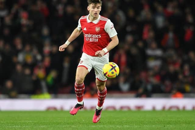 Kieran Tierney of Arsenal during the Premier League match between Arsenal FC and Everton FC at Emirates Stadium on March 01, 2023 in London, England. (Photo by David Price/Arsenal FC via Getty Images)