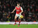 Kieran Tierney of Arsenal during the Premier League match between Arsenal FC and Everton FC at Emirates Stadium on March 01, 2023 in London, England. (Photo by David Price/Arsenal FC via Getty Images)