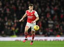 Kieran Tierney of Arsenal during the Premier League match between Arsenal FC and Everton FC at Emirates Stadium on March 01, 2023 in London, England. (Photo by David Price/Arsenal FC via Getty Images)