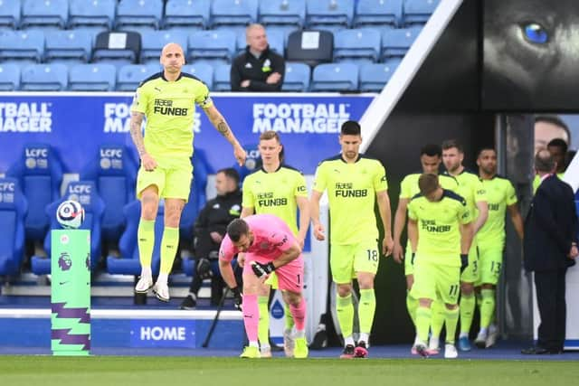 Jonjo Shelvey of Newcastle United leads his team out prior to the Premier League match between Leicester City and Newcastle United at The King Power Stadium on May 07, 2021 in Leicester, England.