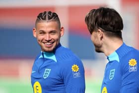 England's Kalvin Phillips and Jack Grealish during a training session at St. George's Park Picture: Simon Marper/PA