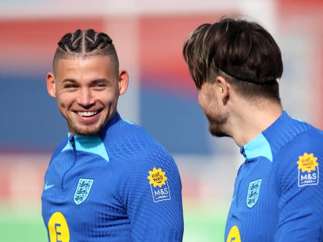 England's Kalvin Phillips and Jack Grealish during a training session at St. George's Park Picture: Simon Marper/PA
