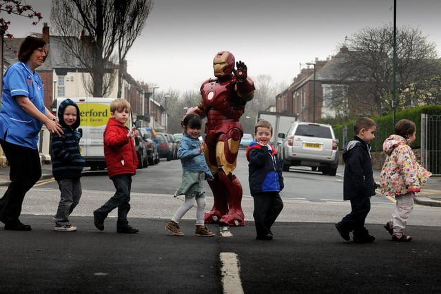 Iron Man paid a visit to Beach Hill Nursery to teach children about road safety in 2013.