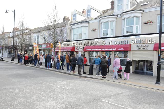 Good Friday queues outside Colman's Ocean Road, South Shields.