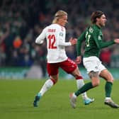 DUBLIN, IRELAND - NOVEMBER 18: Kasper Dolberg of Denmark and Jeff Hendrick of Republic of Ireland during the UEFA Euro 2020 qualifier between Republic of Ireland and Denmark so at Dublin Arena on November 18, 2019 in Dublin, . (Photo by Catherine Ivill/Getty Images)