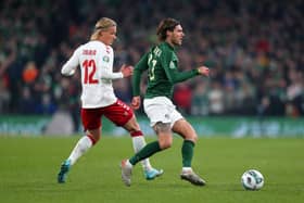 DUBLIN, IRELAND - NOVEMBER 18: Kasper Dolberg of Denmark and Jeff Hendrick of Republic of Ireland during the UEFA Euro 2020 qualifier between Republic of Ireland and Denmark so at Dublin Arena on November 18, 2019 in Dublin, . (Photo by Catherine Ivill/Getty Images)