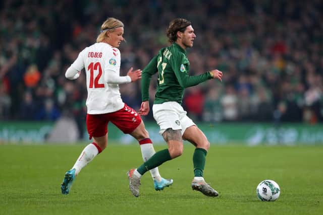 DUBLIN, IRELAND - NOVEMBER 18: Kasper Dolberg of Denmark and Jeff Hendrick of Republic of Ireland during the UEFA Euro 2020 qualifier between Republic of Ireland and Denmark so at Dublin Arena on November 18, 2019 in Dublin, . (Photo by Catherine Ivill/Getty Images)