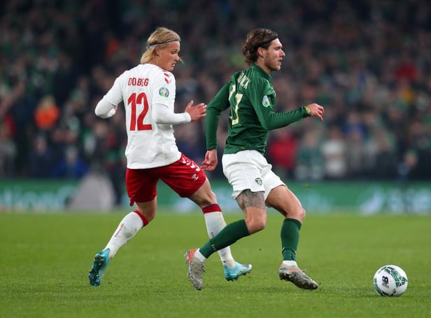 DUBLIN, IRELAND - NOVEMBER 18: Kasper Dolberg of Denmark and Jeff Hendrick of Republic of Ireland during the UEFA Euro 2020 qualifier between Republic of Ireland and Denmark so at Dublin Arena on November 18, 2019 in Dublin, . (Photo by Catherine Ivill/Getty Images)
