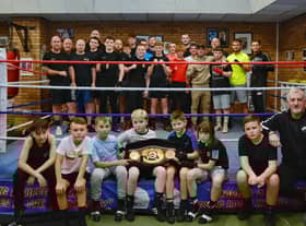 Boxers in the new ring at Horsley Hill ABC with Archie Sharp's champion's belt.
