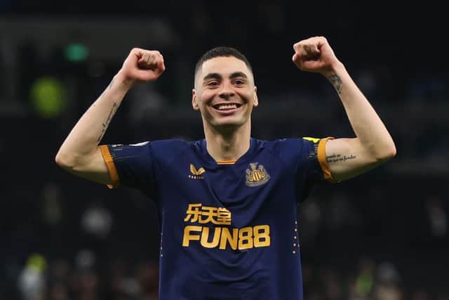 Miguel Almiron of Newcastle United celebrates after their sides victory during the Premier League match between Tottenham Hotspur and Newcastle United at Tottenham Hotspur Stadium on October 23, 2022 in London, England. (Photo by Julian Finney/Getty Images)