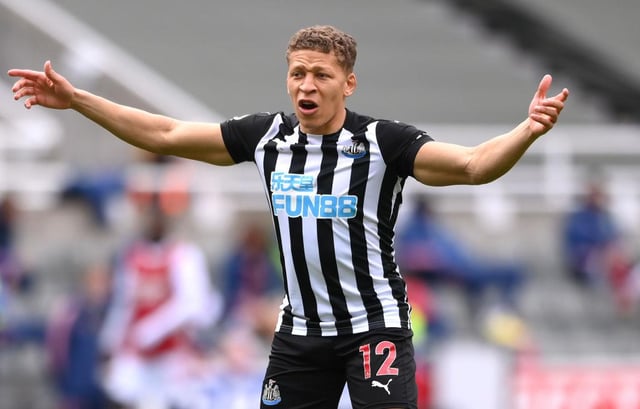 Dwight Gayle of Newcastle reacts during the Premier League match between Newcastle United and Arsenal at St. James Park on May 02, 2021 in Newcastle upon Tyne, England.