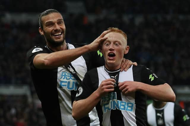 Newcastle United's Matty Longstaff celebrates scoring against Manchester United on his Prmeier League debut in October 2019.