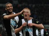 Newcastle United's Matty Longstaff celebrates scoring against Manchester United on his Prmeier League debut in October 2019.