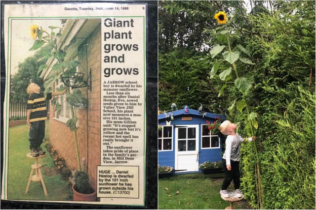 Daniel featuring in the Gazette in 1999 and his son Charlie recreating the photo 22 years later